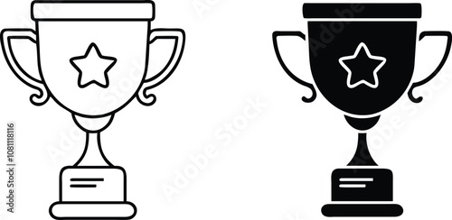Two trophy cup icons, one in outline and one filled in black, both with a star on the front.