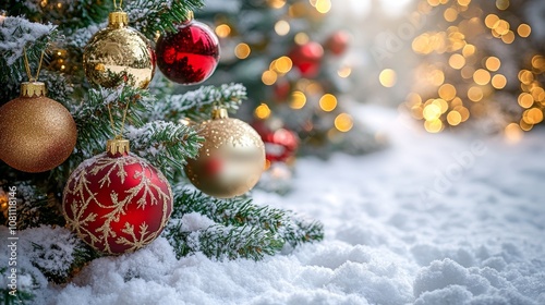 Snow-laden Christmas tree adorned with colorful ornaments.