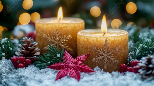 Lit candles amidst snowflakes and pine cones create a serene winter scene.