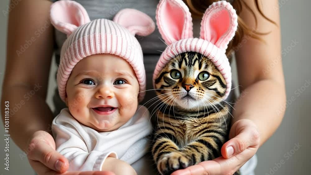 Portrait baby with cat wearing funny animal hats, cute infant child with kitten friend in wool handmade hat with ears and eyes of rabbit bunny