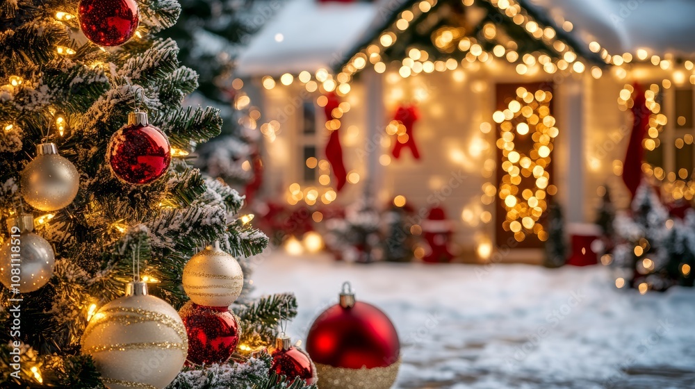 Festive house adorned with Christmas decorations and a prominent tree. Festive house adorned with Christmas decorations and a prominent tree.