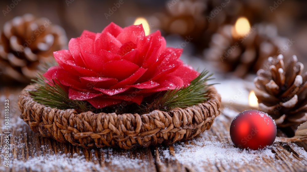 Vibrant red flower in a basket with pine cones and a festive red ball. Vibrant red flower in a basket with pine cones and a festive red ball.
