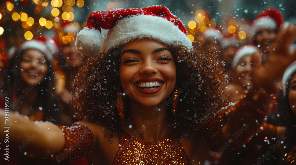 Joyful woman in Santa hat waving, embodying festive cheer. Joyful woman in Santa hat waving, embodying festive cheer.