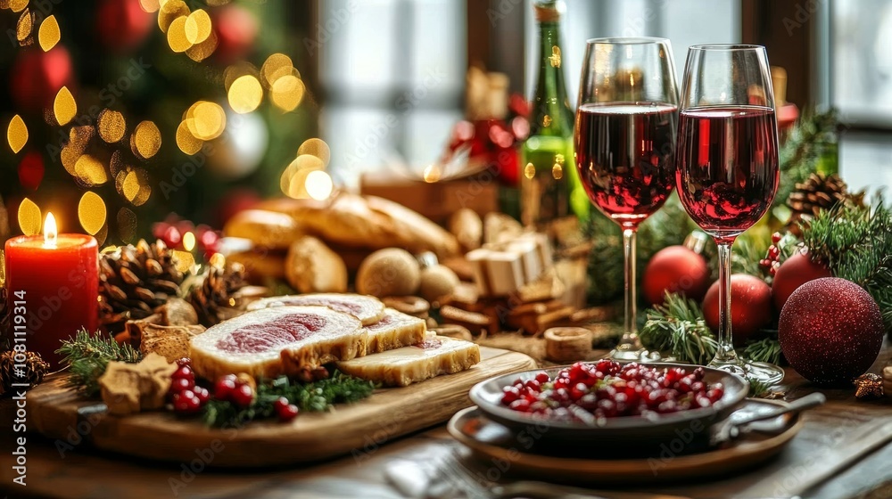 Two glasses of wine beside a gourmet meal on an elegant table setup. Two glasses of wine beside a gourmet meal on an elegant table setup.