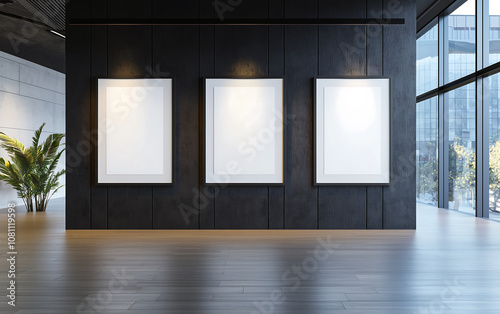 Modern gallery with three empty frames on black wall, showcasing minimalist design and natural light. space exudes elegance and sophistication