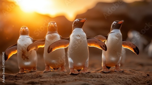 A charming group of Gentoo penguins waddling together on sandy terrain at sunrise, silhouetted against the glowing horizon, depicting nature and companionship. photo