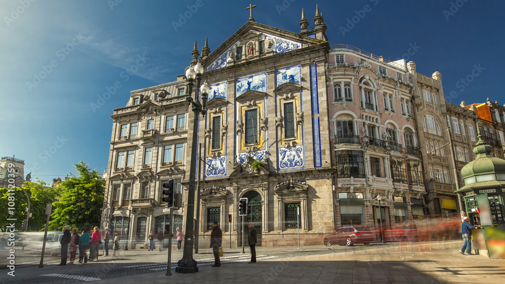 Naklejka premium View of the Almeida Garret Square with Congregados Church timelapse hyperlapse.