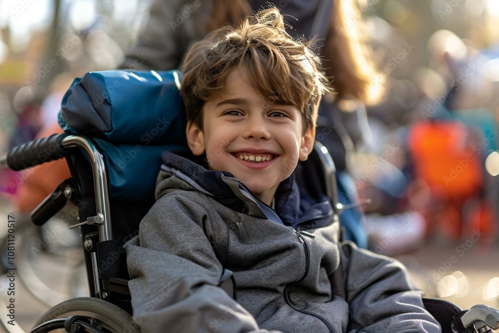 Boy with cerebral palsy smiling brightly while sitting in a wheelchair with his loving mother by his side. Boy with cerebral palsy smiling brightly while sitting in a wheelchair with his loving mother by his side.
