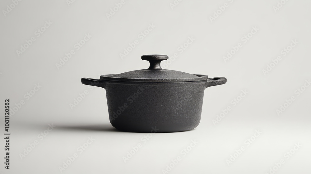 Black cast iron pot with lid and handles isolated on light grey background. Minimalist kitchenware and cookware concept. Black cast iron pot with lid and handles isolated on light grey background. Minimalist kitchenware and cookware concept.