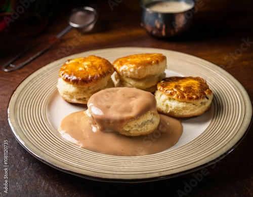 a plate of biscuits served with a rich and savory gravy sauce