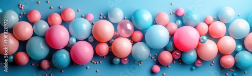 Balloons are floating in the air on a blue background, banner