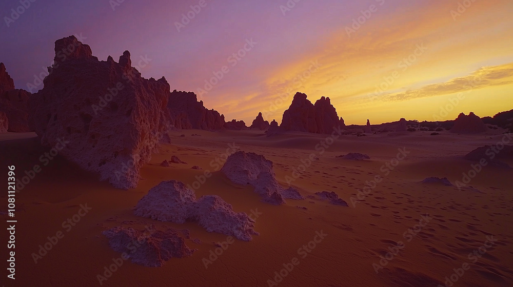 Naklejka premium Desert sunset with rock silhouettes against a colorful sky, serene and majestic atmosphere