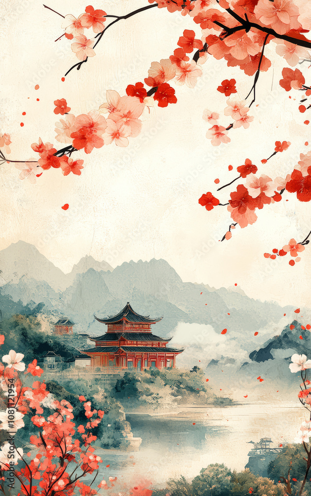 Obraz premium Chinese traditional ancient architecture art illustration 