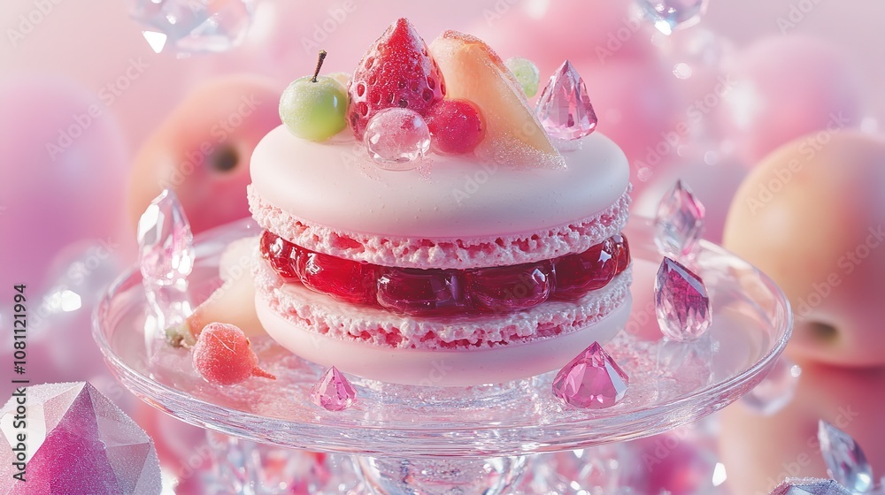 A whimsical dessert display featuring a pink macaron and fruits. A whimsical dessert display featuring a pink macaron and fruits.