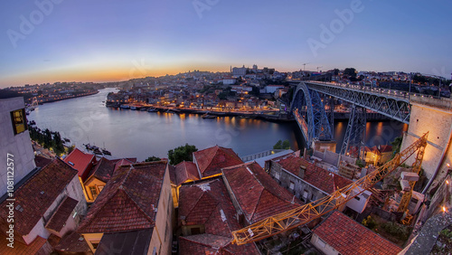 Panorama of old city Porto at river Duoro after sunset day to night timelapse, Oporto, Portugal