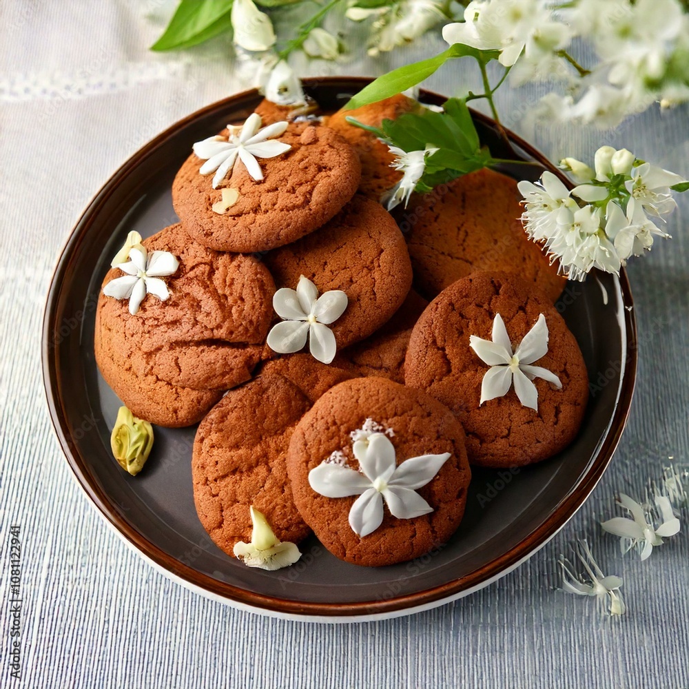 Delicious homemade delicious natural ginger cookies close-up handmade flowers for tea guests chocolate color on a plate Delicious homemade delicious natural ginger cookies close-up handmade flowers for tea guests chocolate color on a plate