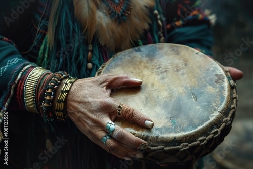 Close up of shaman female hand holding shamanic drum  golden bracelet and rings photo