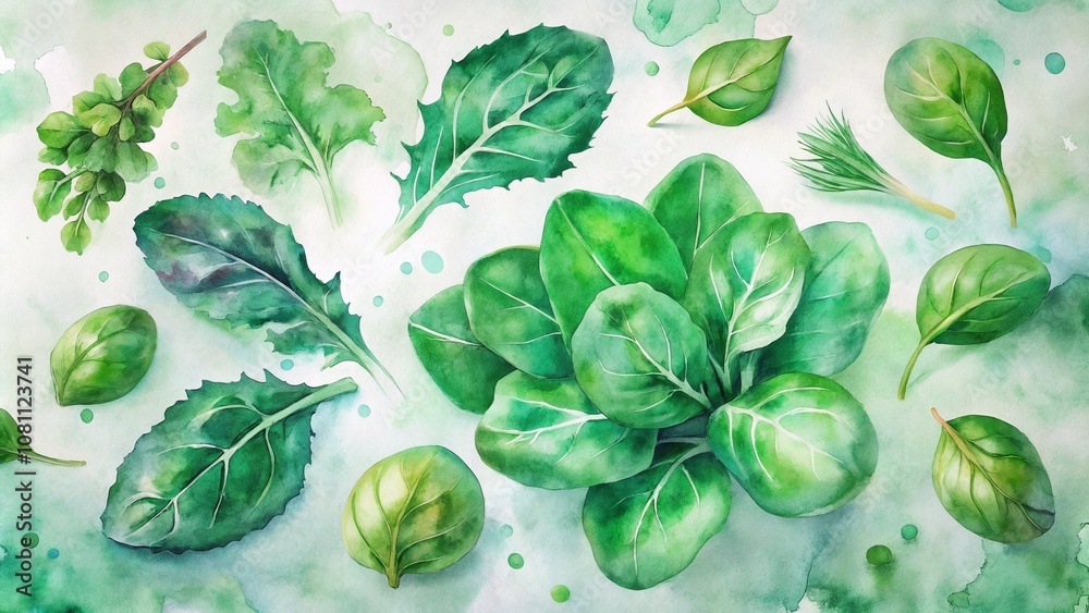 Fresh green leaf vegetables watercolor composition on a soft artistic background for healthy cooking Fresh green leaf vegetables watercolor composition on a soft artistic background for healthy cooking