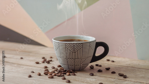 Steaming Coffee in Patterned Mug with Scattered Coffee Beans on Rustic Wooden Table