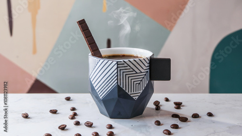 Modern Geometric Mug with Steaming Coffee and Dark Chocolate Stick on Marble Surface