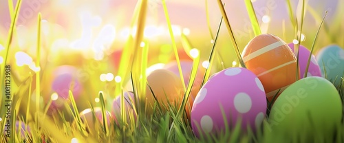 Colorful Easter eggs in bright green grass with sunlight, horizontal banner for family events, children's celebration, school activitie, community gathering, joyful holiday marketing photo