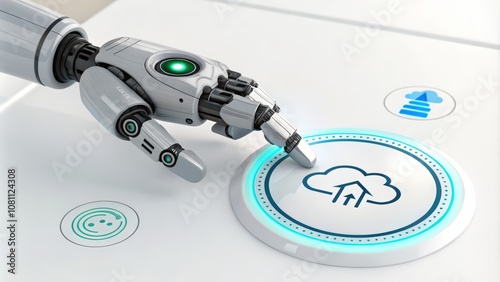 A high-tech robotic hand pressing a digital reboot button with a cloud icon overlay on a white background, symbolizing human-like AI’s interaction with cloud technology systems.