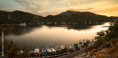 Sunset panorama at Kizkumu beach. Natural formation in Orhaniye bay. Bozburun peninsula. Marmaris district Mugla province, Turkey  photo