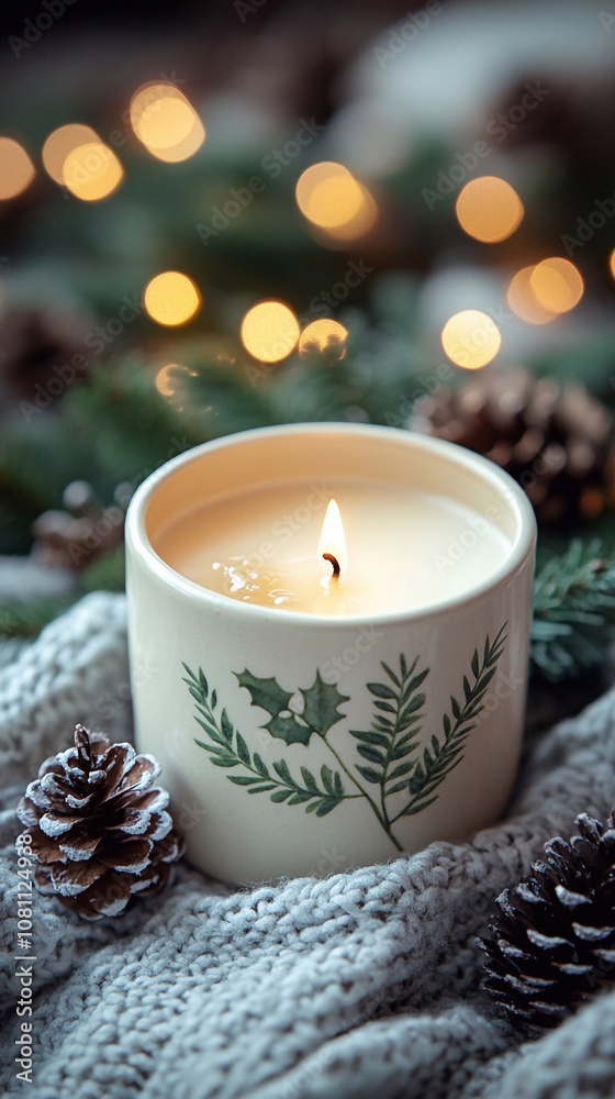 The decorative candle, located in an elegant plaster pot, burns with a soft warm light. A candle creates an atmosphere of coziness and festivity against the background of New Year's decorations. The decorative candle, located in an elegant plaster pot, burns with a soft warm light. A candle creates an atmosphere of coziness and festivity against the background of New Year's decorations.
