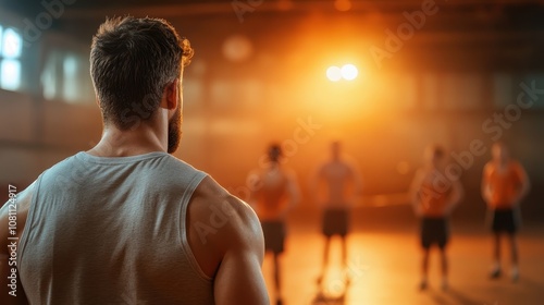 A man in a sleeveless shirt faces a basketball team in an indoor court, illuminated by golden light, conveying the anticipation and drive of the moment. photo