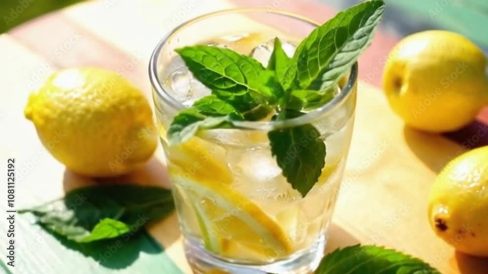 Close-Up of Refreshing Summer Drink with Ice, Lemon, and Mint in Cinematic Natural Lighting Close-Up of Refreshing Summer Drink with Ice, Lemon, and Mint in Cinematic Natural Lighting