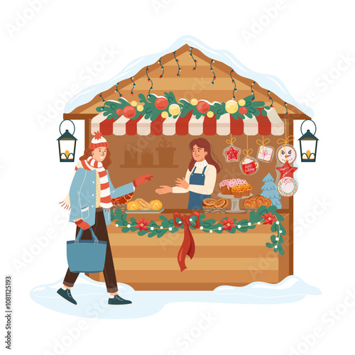 Young woman buying gingerbread at Christmas stall market. Traditional festival winter fair marketplace with friendly smiling girl seller Wooden booth bakery shop with cookies vector illustration