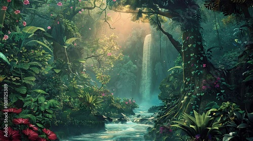 Tall waterfall glowing with ethereal light in forest during peaceful starry night
Seamless looping 4k time-lapse virtual video animation Generated AI