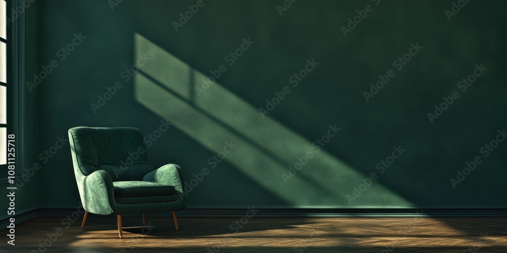 Fototapeta premium Green armchair in a minimalist room with a ray of sunlight.