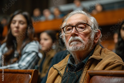 An older gentleman with glasses sits attentively in a formal gathering, surrounded by younger attendees, observing the proceedings with a thoughtful expression amidst an engaged audience