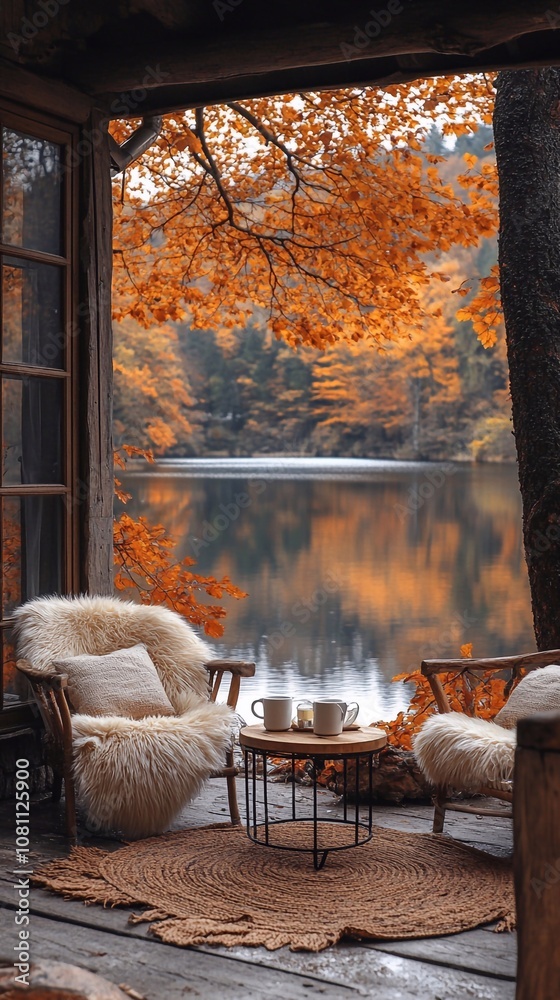 In autumn, the cozy atmosphere near the river is filled with the warmth of the golden colors of the leaves. On the porch near the water there are comfortable chairs and a small table, inviting you to In autumn, the cozy atmosphere near the river is filled with the warmth of the golden colors of the leaves. On the porch near the water there are comfortable chairs and a small table, inviting you to