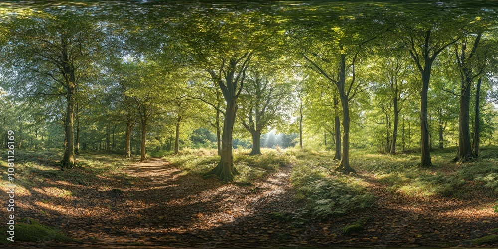 A panoramic view of a sun-dappled forest path winding through tall trees with green foliage. A panoramic view of a sun-dappled forest path winding through tall trees with green foliage.