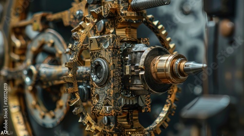 Close-up of a complex, intricate, and detailed steampunk-style gear system with gold accents.