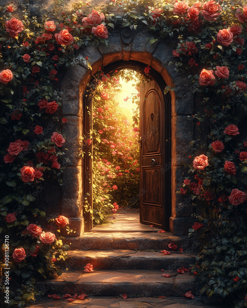 Fototapeta premium Doorway to a garden filled with vibrant roses illuminated by soft sunlight 