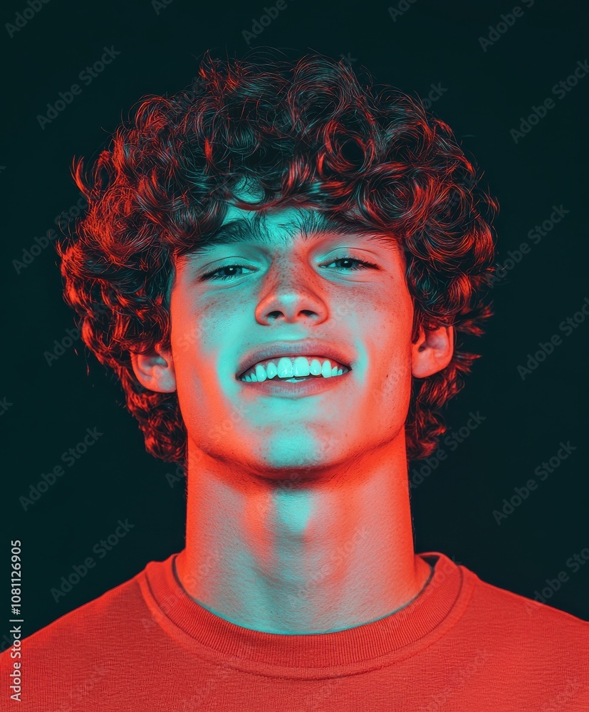 Young Man with Curly Hair and Colorful Lighting Young Man with Curly Hair and Colorful Lighting