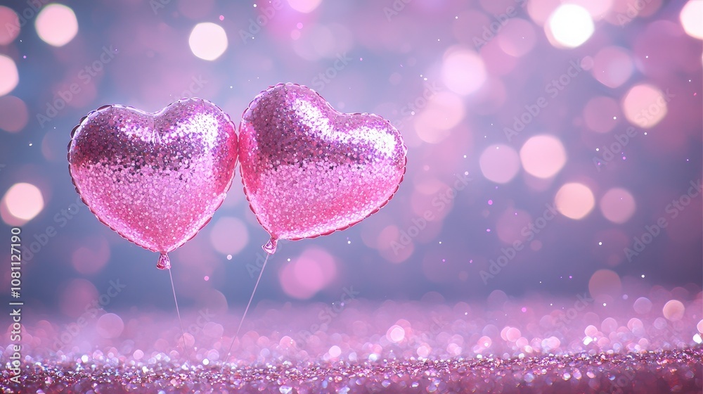 Fototapeta premium Sparkling Pink Heart Balloons with Glittering Bokeh Background for Romantic and Festive Celebrations