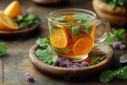 A beautiful cup of tea with an orange, in which a warm drink and fresh orange slices are harmoniously combined. The tea looks fragrant and aromatic