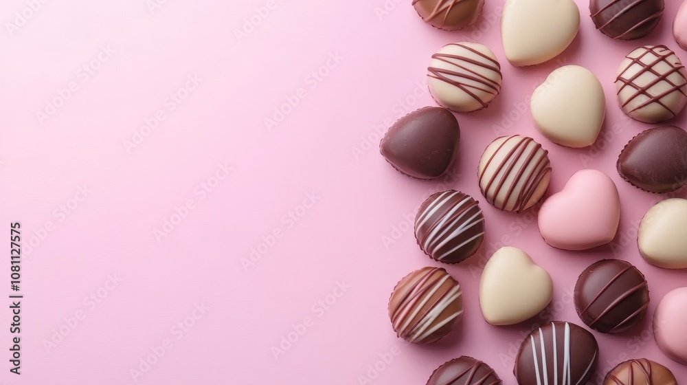 Assortment of Delicious Valentines Day Chocolates Arranged on a Pink Background with Copy Space