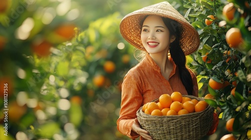 A joyful Asian woman gleans oranges in the orchard against a green backdrop. The scene evokes concepts of computer-generated harvesting and food, with ample room for customization. 