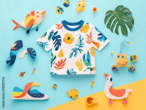 White T-shirt with tropical print on a blue and yellow background with colorful wooden toys. photo