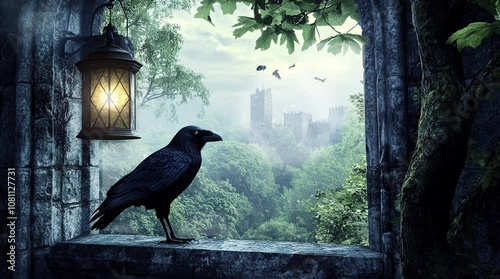 Crow and lantern on ancient castle window overlooking misty forest in atmospheric light
Seamless looping 4k time-lapse virtual video animation Generated AI