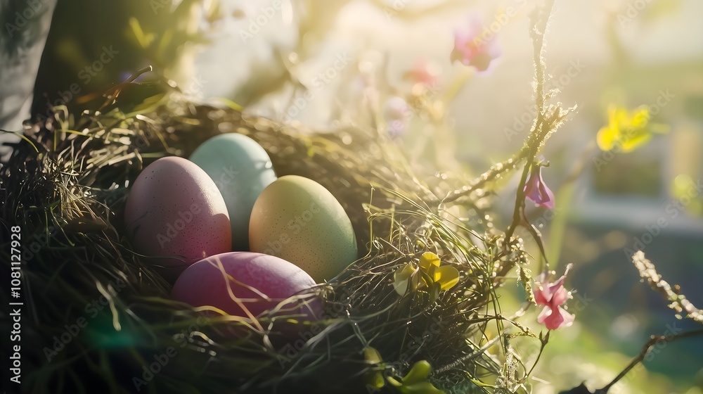 Obraz premium Pastel Easter eggs with pattern in fresh grass with morning dew, horizontal banner for spring celebration card, family event, church gathering, children's activitie, holiday social media, copy space
