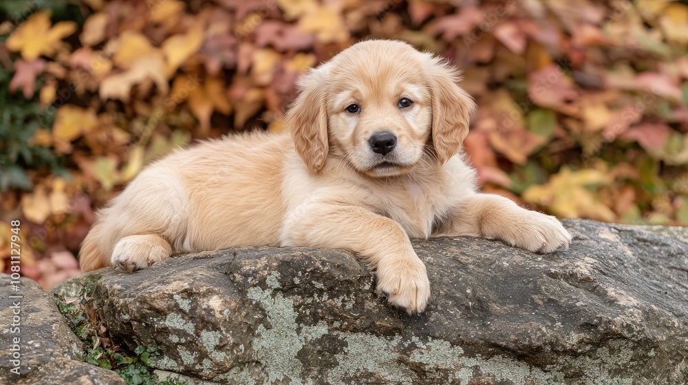 Adorable Golden Retriever Puppy Relaxing on a Rock with Autumn Leaves in the Background Adorable Golden Retriever Puppy Relaxing on a Rock with Autumn Leaves in the Background