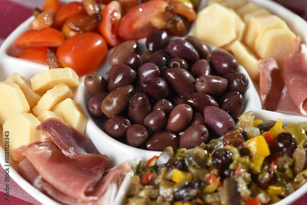 portion of olives with cheese cherry tomatoes and parma ham snack healthy food vegan salad portion of olives with cheese cherry tomatoes and parma ham snack healthy food vegan salad