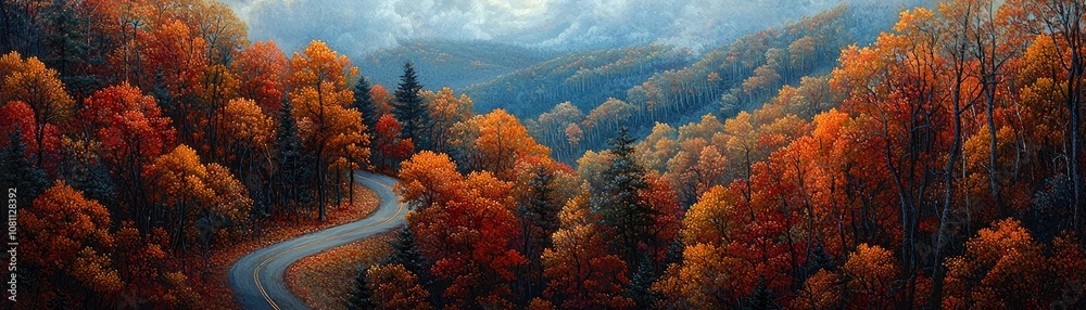 Scenic Autumn Landscape with Winding Road Through Vibrant Forested Hills Under Dramatic Cloudy Sky Scenic Autumn Landscape with Winding Road Through Vibrant Forested Hills Under Dramatic Cloudy Sky