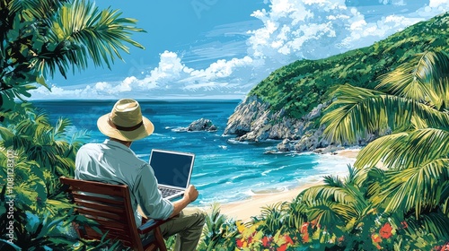 Remote Work Paradise: Man with Laptop Enjoying Tropical Beach View Surrounded by Lush Greenery and Ocean Waves Under a Clear Blue Sky